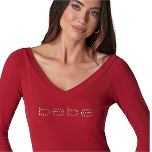 NWT Women’s bebe Rhinestone V-Neck Ribbed dress, red, XL